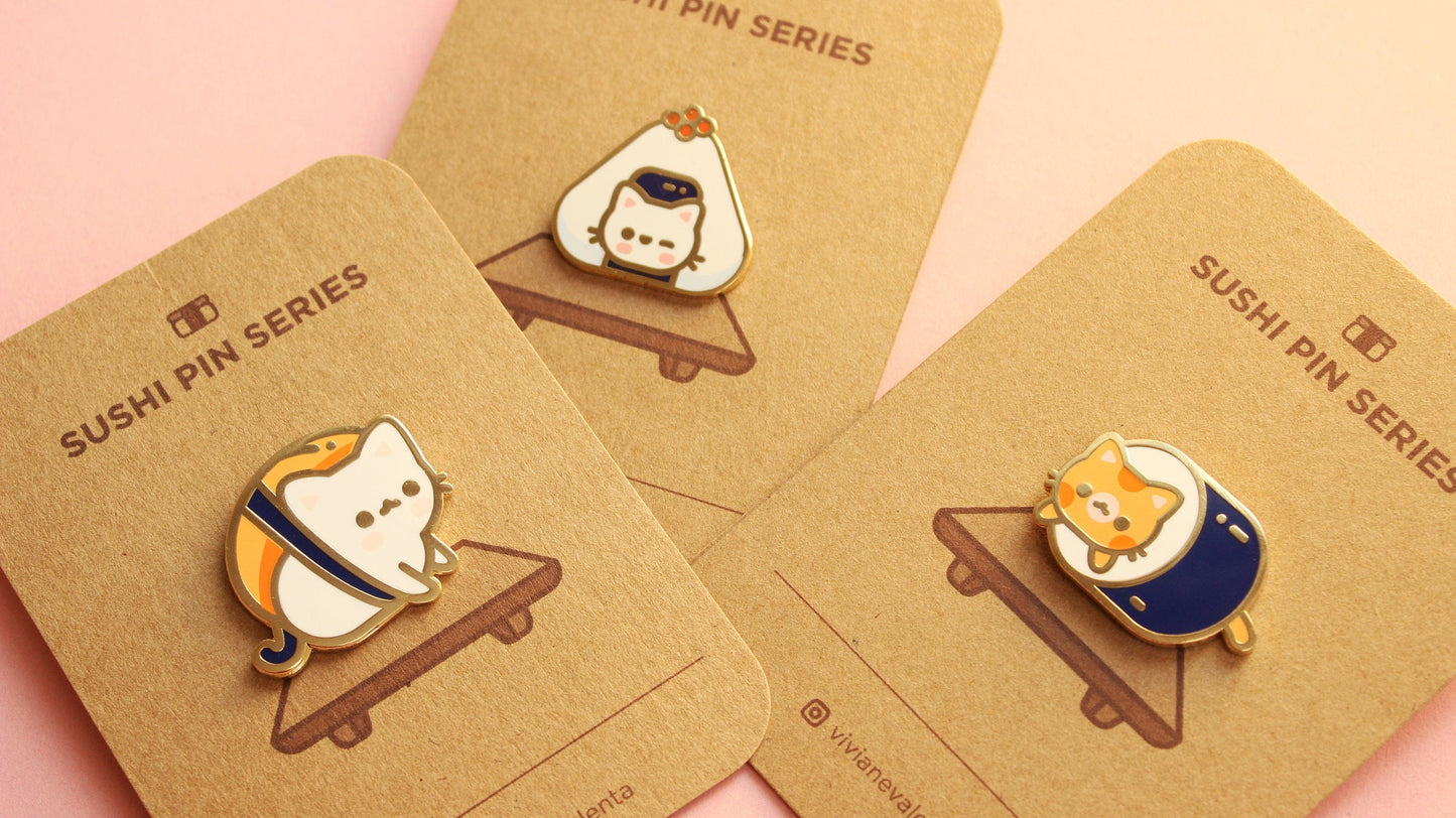 Kawaii Onigiri Cat Enamel Hard Pins - vivianevalenta